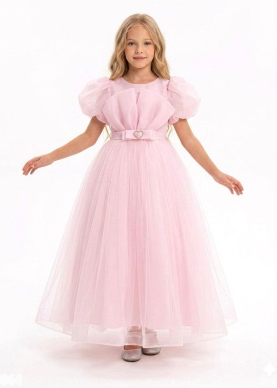 Pink ceremony dress with organza bust, short puffed sleeves, and long tulle skirt art 3364 Mon Princess