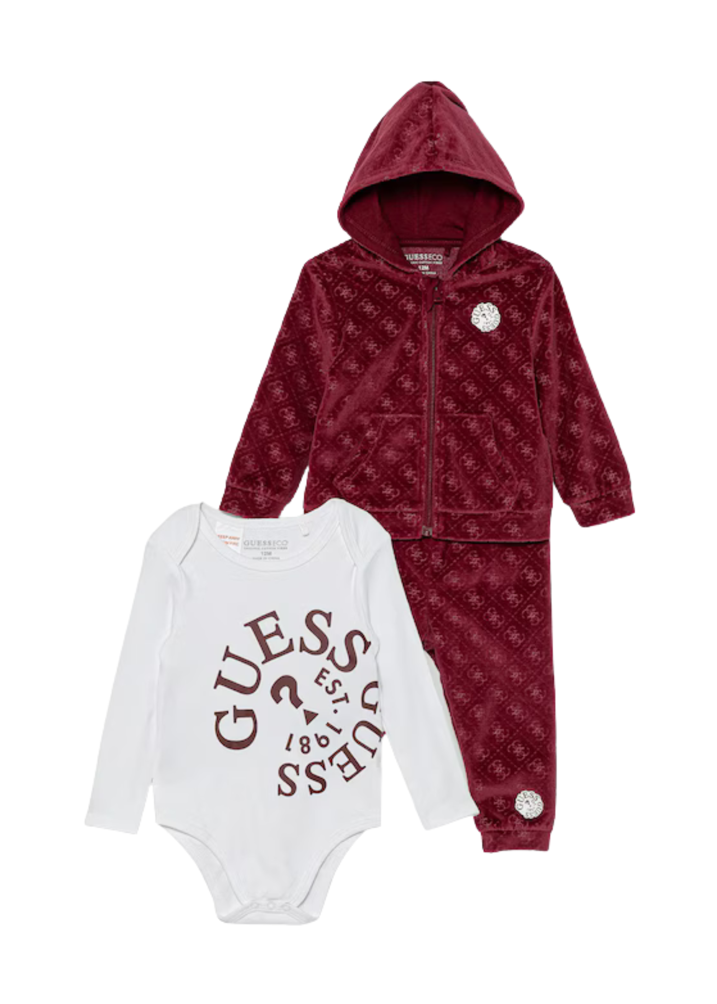 Trening 3 Piese Hanorac si Pantaloni Velur Bordo si Body cu Maneca Lunga H5BW02 KAVN4 FZF9 Guess