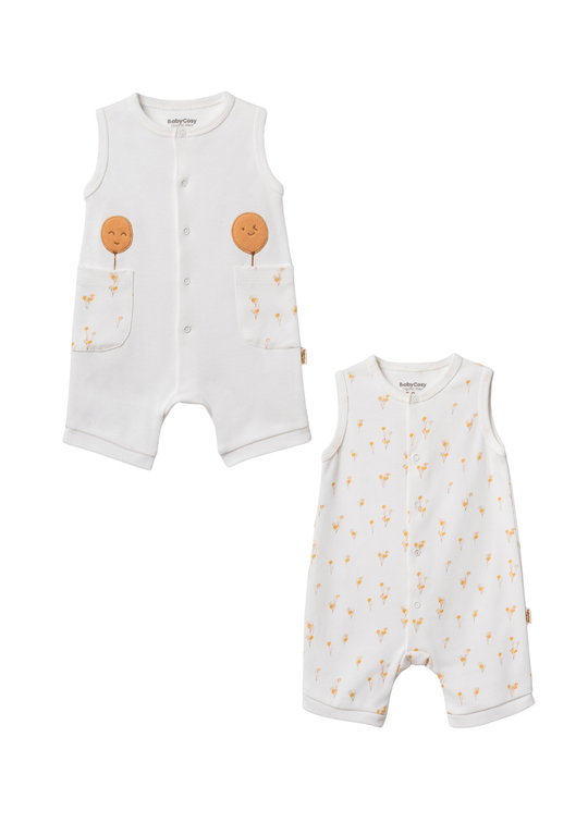 Set 2 Salopete Scurte din Bumbac Organic Crem cu Baloane Portocalii CSY3060 Baby Cosy