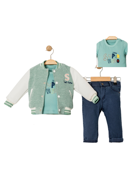 3 Piece Set Mint Green Jacket Fabric and Neoprene Sleeves Green Blouse and Blue Denim Pants 15014 Bebus