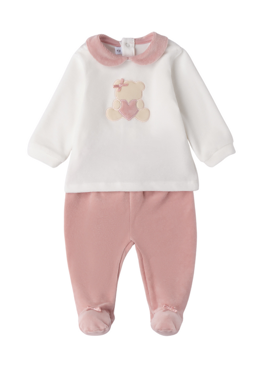 Set 2 Piese Velur Bluza si Pantaloni Crem cu Roz Pudra 3.F765/00 Minibanda