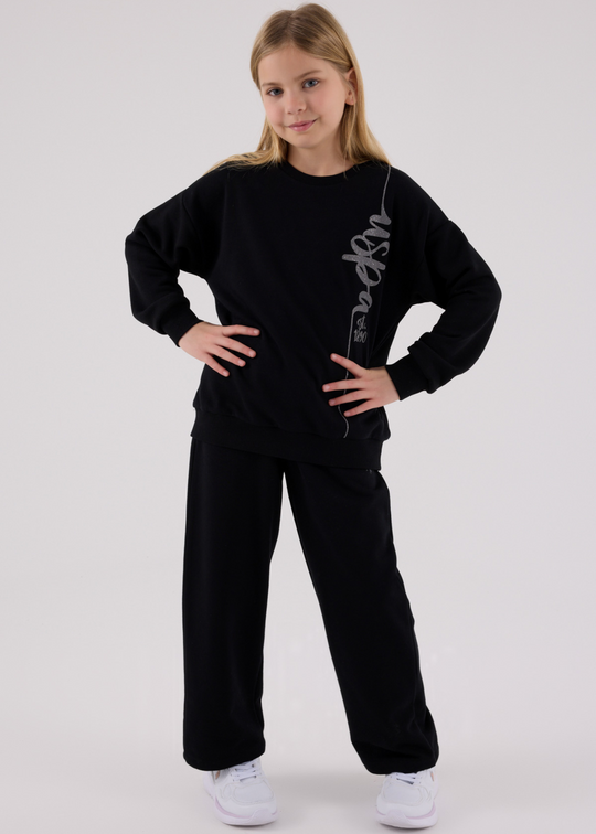 Trening 2 Piese Negru Bluza Sport Oversize si Pantaloni Lungi Evazati US2304-4 Us Polo Assn