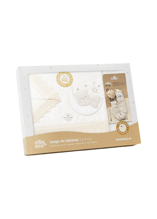 3-Piece Cot Bedding Set White-Cream with Teddy Bear on Crescent Moon and Lace 03317-05 INTERBABY