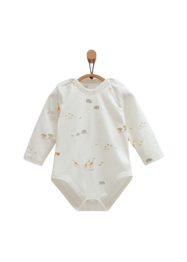 Set Body cu Maneca Lunga si Pantaloni Crem cu Animale Safari Time BPE1821 Mell Sweet Baby