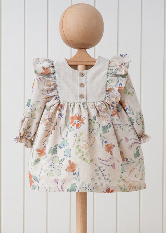 Rochie Bej din Bumbac cu Imprimeu Flori Verzi Maneca Lunga 3981 MyMio