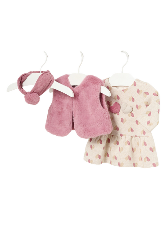 Set of 3 Pieces Beige Dress with Hearts Long Sleeve with Frizz Fur Vest and Headband 2807 col 28 Mayoral
