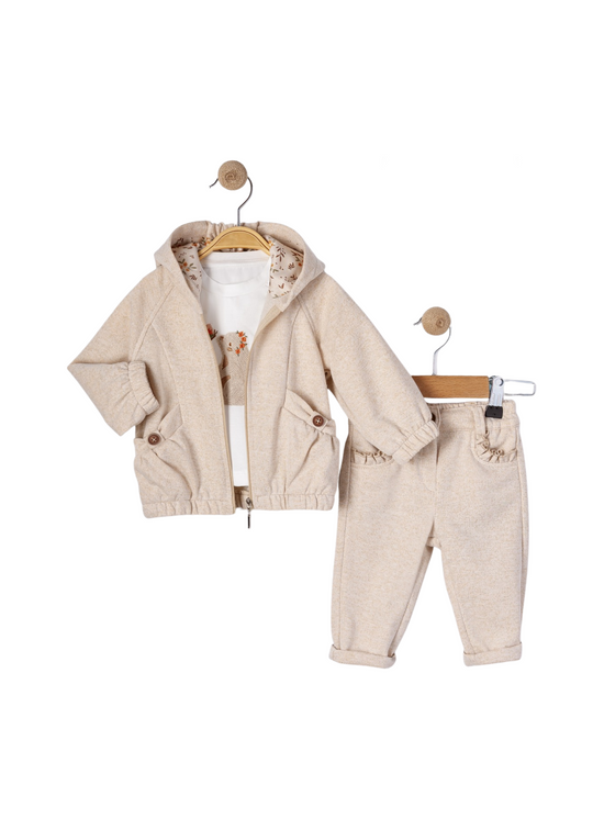 Trening 3 Piese Hanorac si Pantaloni Bej si Bluza Crem cu Iepure 16419 Bebus