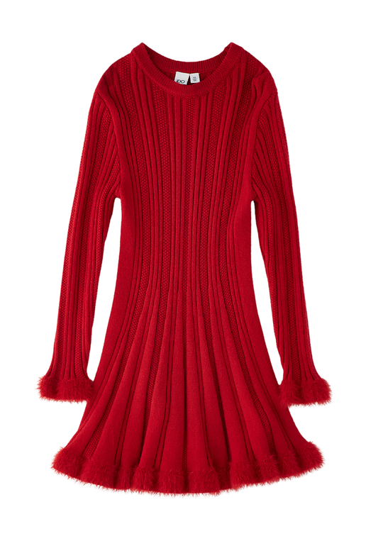Rochie Tricotata din Material Reiat, cu Maneca Lunga si Margini Pufoase, Rosie, pentru Fete 4.H348/00 – iDO