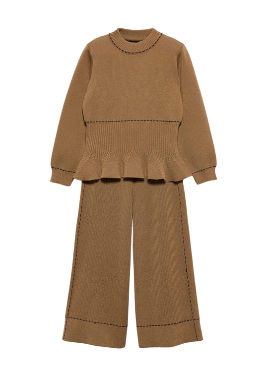 Set 2 Piese Tricotat Camel cu Pulover si Pantaloni pentru Fete 5769 – Abel & Lula