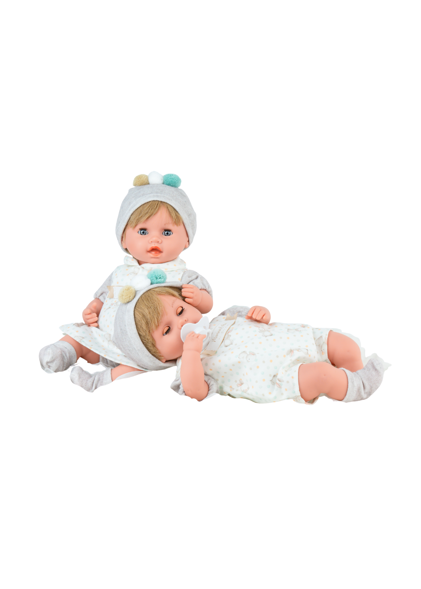 Reborn Gemeni 35 cm, Corp Moale, Fetita cu Rochie Imprimeu si Baietel cu Salopeta Imprimeu 3160 - Marina&Pau