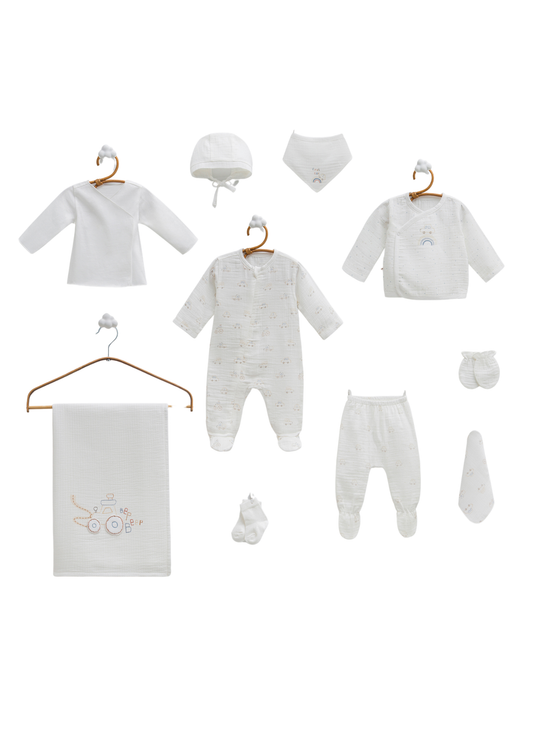 Set 10 Piese Maternitate Muselina Crem cu Masini First Car ZE2480 Mell Sweet Baby