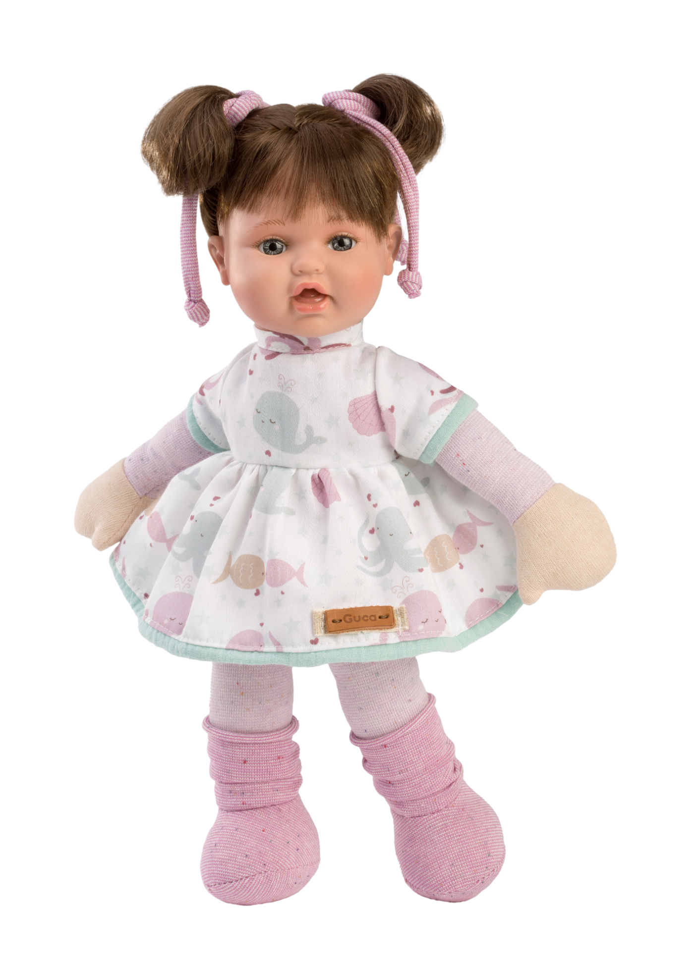 Papusa Mimi, 36 cm, Par Saten, Corp Textil cu Rochita Alba Imprimeu Floricele Roz 967 Guca Munecas