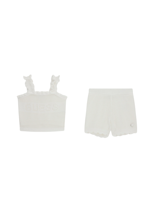Set 2 Piese Tricotat Alb Top si Pantaloni Scurti K6GG06 Z5491 G011  Guess
