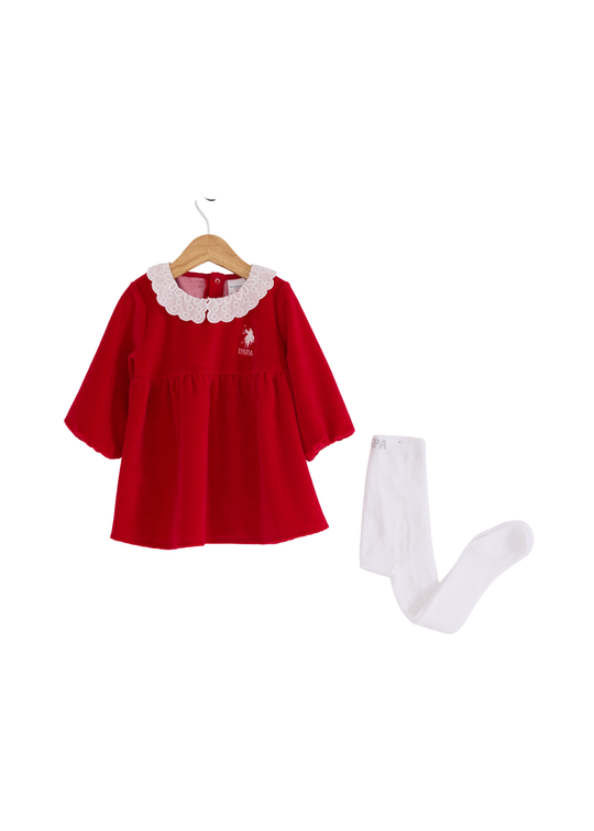 Rochie Rosie cu Maneca Lunga si Guler Broderie Alba USB2731 Us Polo Assn