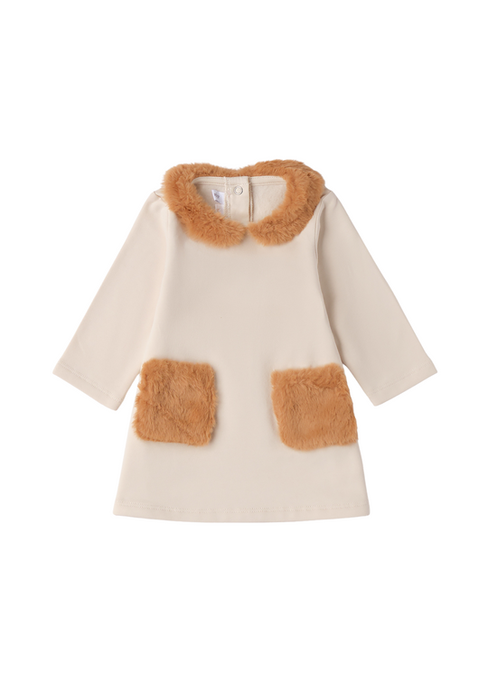 Rochie Bej cu Maneca Lunga cu Blana la Guler si Buzunare 3.F727/00 Minibanda