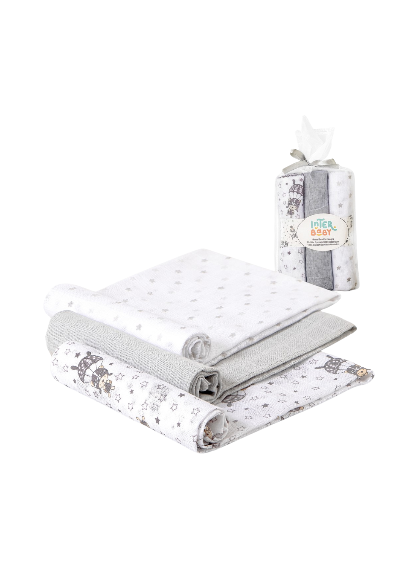 Set 3 Scutece Muselina Alb-Gri cu Imprimeu Parasutist 80x80 cm 98971-31 Interbaby