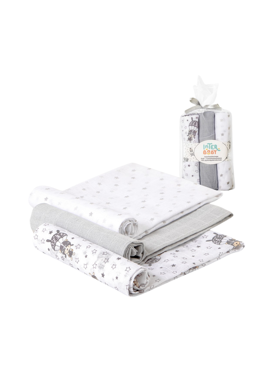 Set 3 Scutece Muselina Alb-Gri cu Imprimeu Parasutist 80x80 cm 98971-31 Interbaby