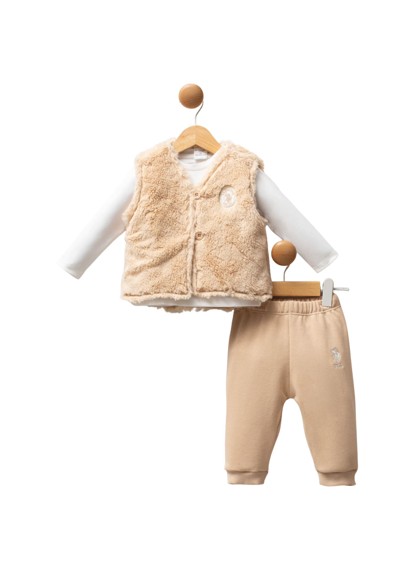 Set 3 Piese Vesta din Plus Bej Pantaloni Lungi Bej si Bluza Ivory USB2779 V1 Us Polo Assn