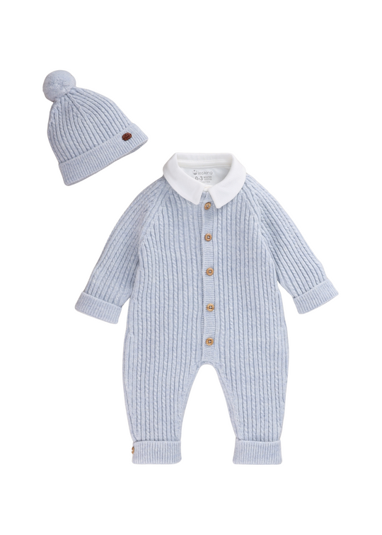 Set 3 Piese Salopeta Lunga Bleu Tricotata cu Lana Merinos Body si Fes 9327 Leo King