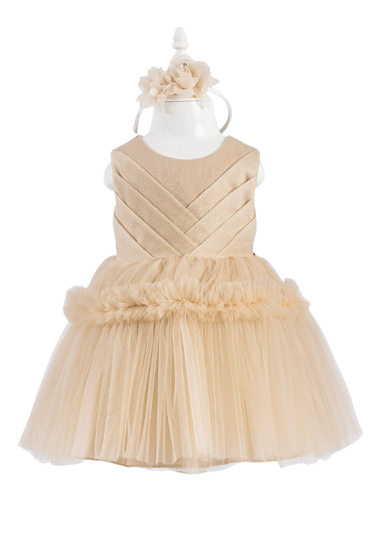 Ceremony Dress, Beige with Pleats on the Bust and Tulle Skirt 6006 Lugu