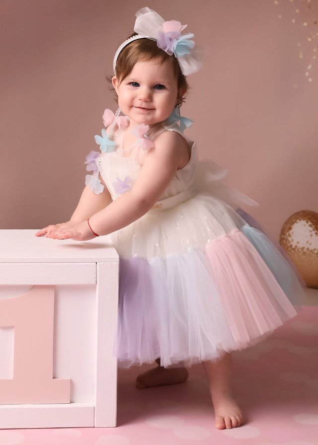 Ivory Tulle Ceremony Dress with Polka Dots and Multicolor Ruffle 2970 Mon Princess