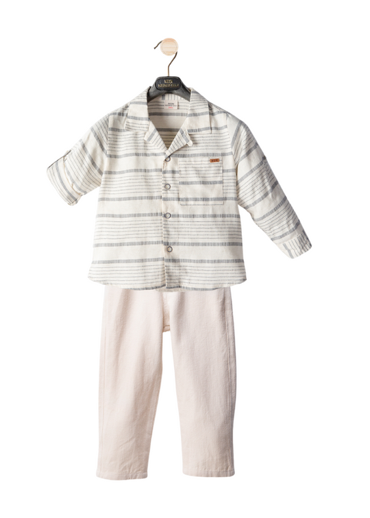 Set 2 Piese Camasa Crem cu Dungi Bleumarin si Pantaloni Lungi Bej M54176 Midimod Gold