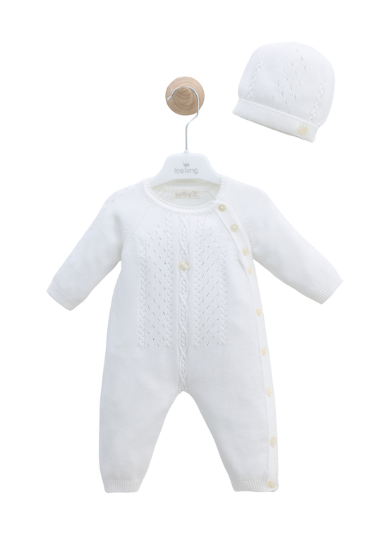 Set Salopeta Lunga Tricotata Alba cu Fes 7463 Leo King