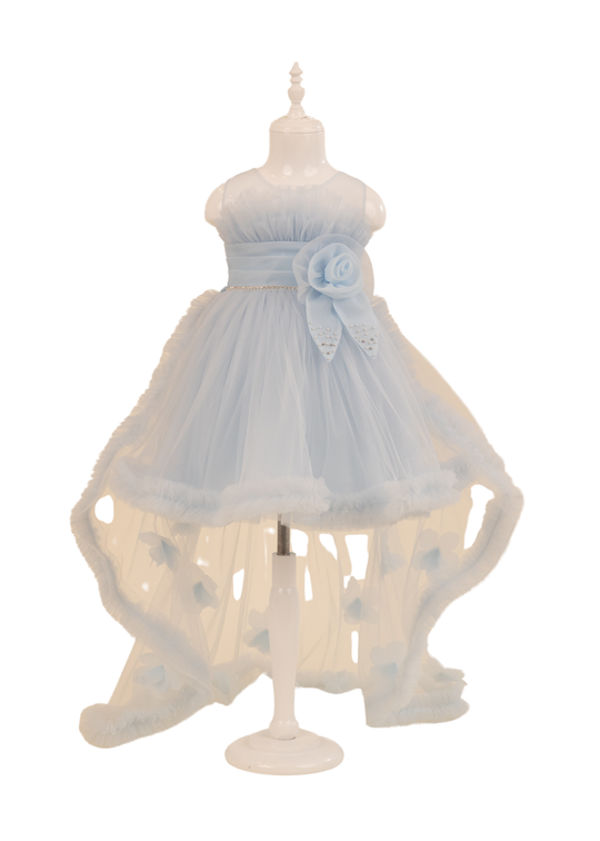 Blue tulle ceremony dress with satin waist belt art 3190 Mon Princess