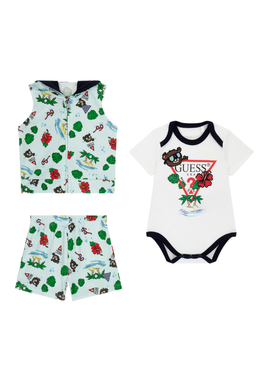 Set 3 Piese Vesta si Pantaloni Scurti Vernil cu Imprimeu Palmieri si Ursi si Body cu Maneca Scurta Crem P5GG05 K6YW1 P95M Guess