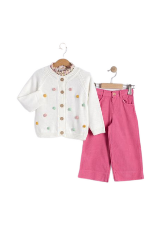 Set 3 Piese Camasa Bej Imprimeu Flori Cardigan Crem si Pantaloni Reiati Ciclamen 16569 Bebus