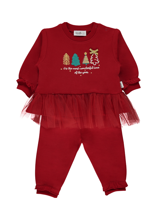 Set 2 Piese Rosu Bluza cu Imprimeu Brazi Craciun si Pantaloni Lungi K5110 Bebetto