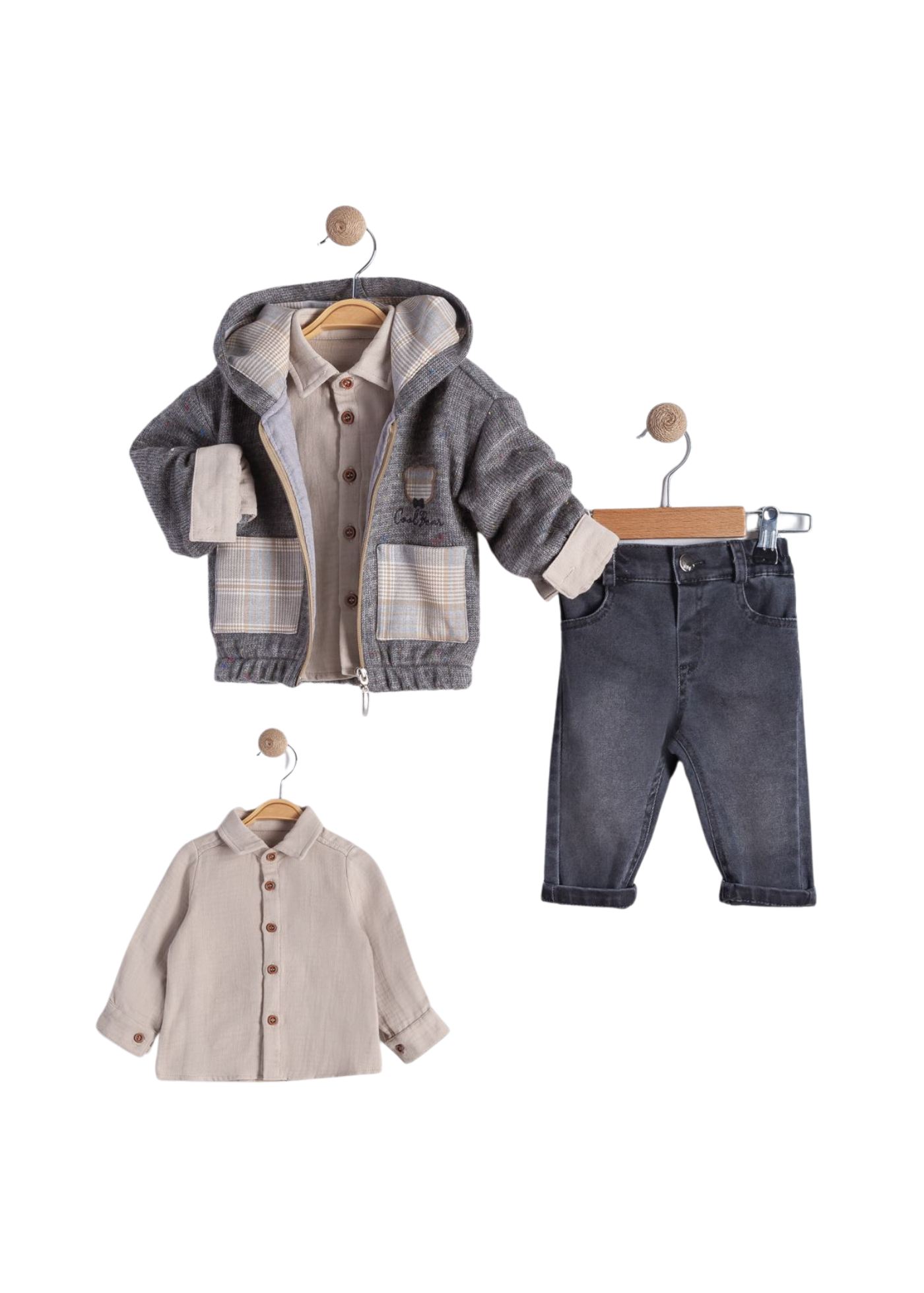 Set 3 Piese Hanorac Tricot Gri cu Lana Camasa Bumbac Bej si Pantaloni Lungi Denim Gri 16265 Bebus