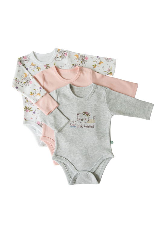 Set of 3 Pink and Gray Cat Long Sleeve Bodysuit S22809 Kitikate