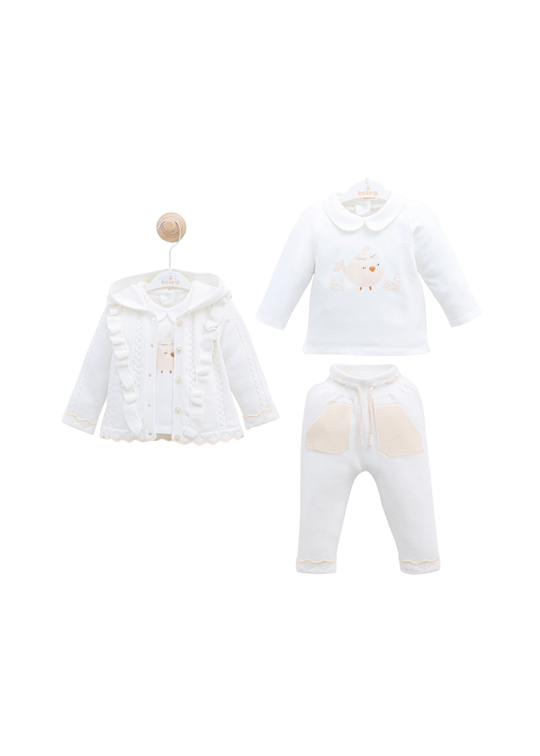 Set 3 Piese Alb Bluza si Pantaloni Tricot si Bluza Bumbac cu Pui 8456 Leo King