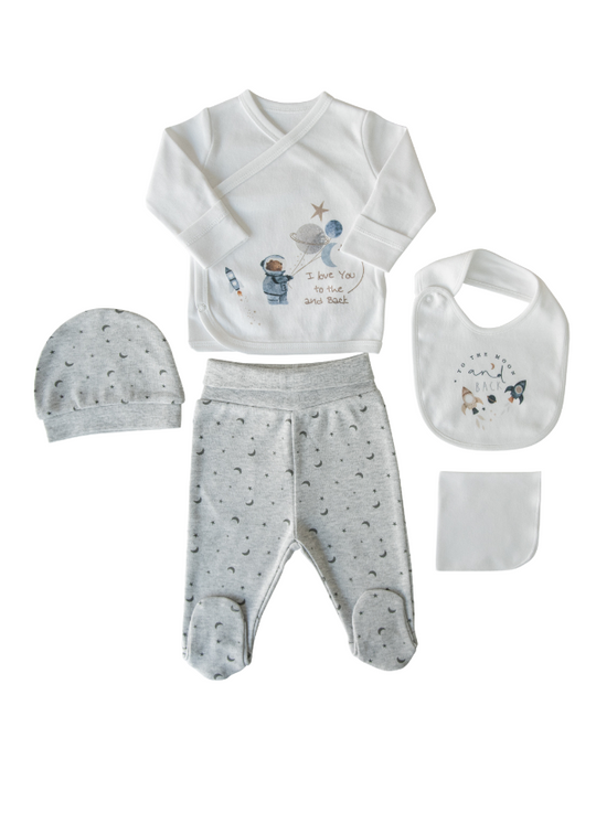 5 Piece Set Newborn Cream with Gray Astronaut Bear Organic Cotton S42319 KitiKate