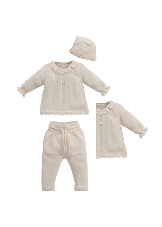 Set 3 Piese Tricotat Bej Bluza Pantaloni si Caciula 8554 Leo King
