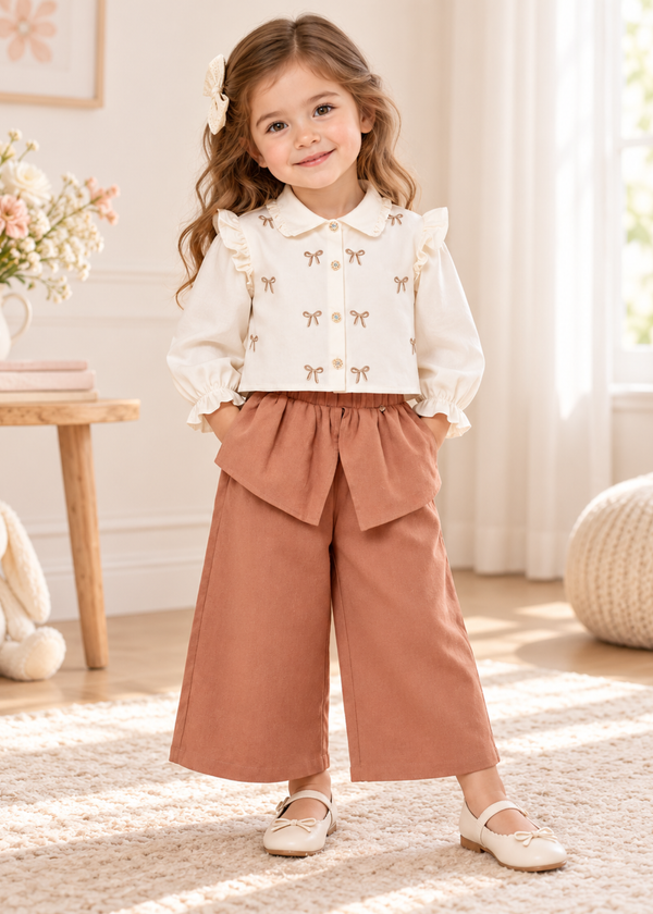 Set 2 Piese Camasa Crem cu Fundite Brodate si Pantaloni Largi Maro Deschis pentru Fetite 3966 – MinoBaby