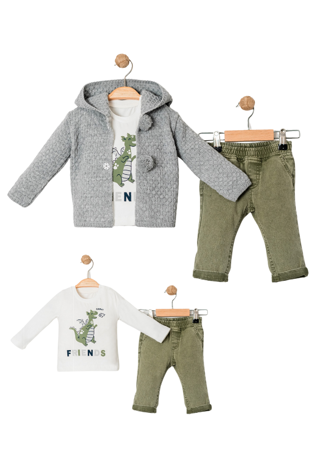 Set 3 Piese Jacheta Gri Tricotata cu Gluga Bluza Crem cu Dragon si Pantaloni Denim Verzi 15058 Bebus