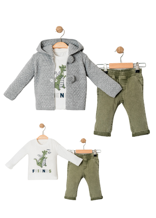 Set of 3 Pieces Gray Knitted Jacket with Hood Cream Blouse with Dragon and Green Denim Pants 15058 Bebus
