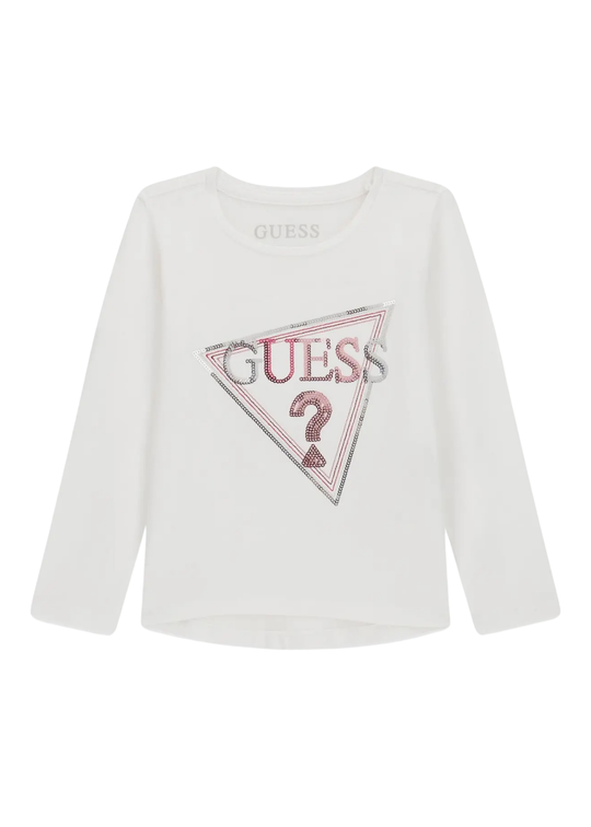 Tricou Alb cu Maneca Lunga si Logo cu Paiete K6YI08 – Guess
