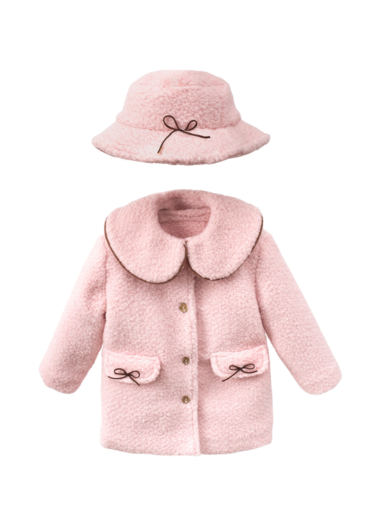 Palton Stofa Bucle Roz cu Guler si Palarie 3567 Mino Baby