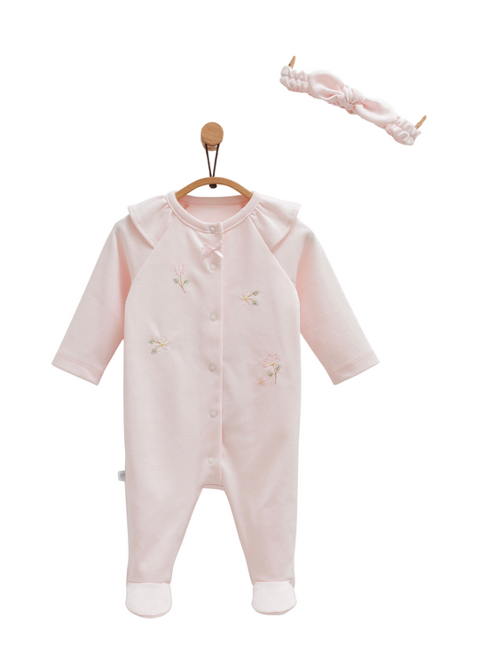 Salopeta Lunga Roz cu Broderie Flori si Bentita TK1477 Mell Sweet Baby