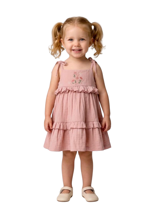 Rochie Roz cu Bretele si Broderie Flori pe Bust 16897 Bebus