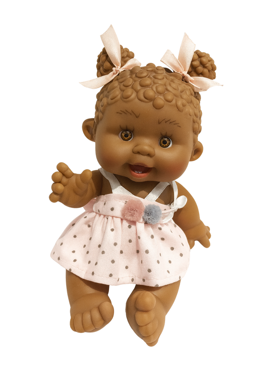 Papusa Parfumata cu Rochita Roz Imprimeu Buline Negre - 21 cm - 0494 - Nines