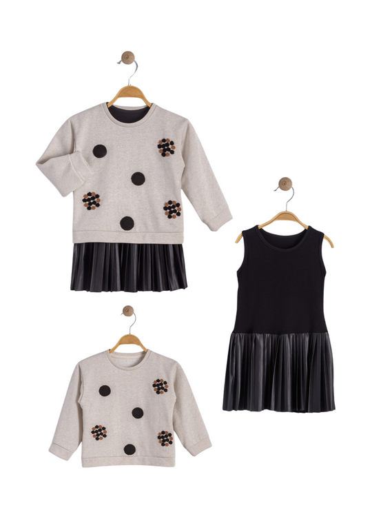 Set 2 Piese Rochie Neagra cu Pliseuri si Bluza Bej Sport 16516 Bebus