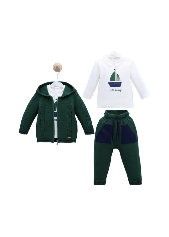 Set 3 Piese Cardigan si Pantaloni Lungi Tricotate Verde cu Bleumarin si Bluza Crem cu Vapor 8025 Leo King