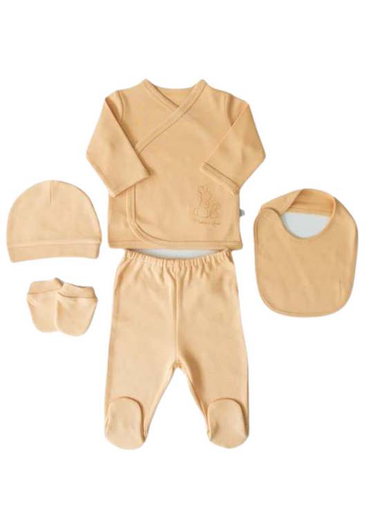 5 Piece Newborn Organic Cotton Set with Beige Rabbits S71194 KitiKate