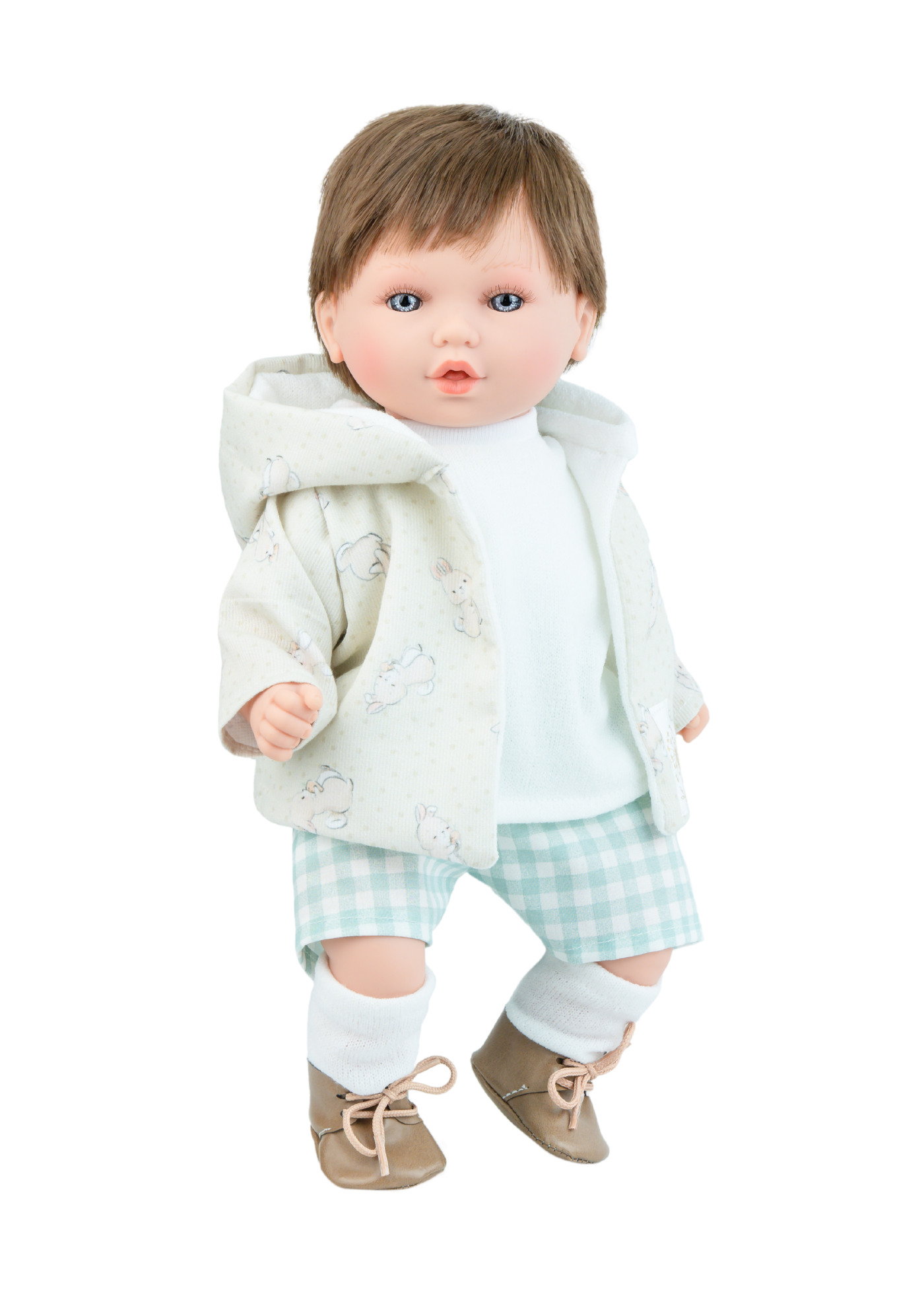 Papusa Parfumata Petite Bunny, Corp Moale cu Mecanism, Baietel cu Pantaloni Scurti Verzi si Jacheta cu Gluga 478 – Marina&Pau