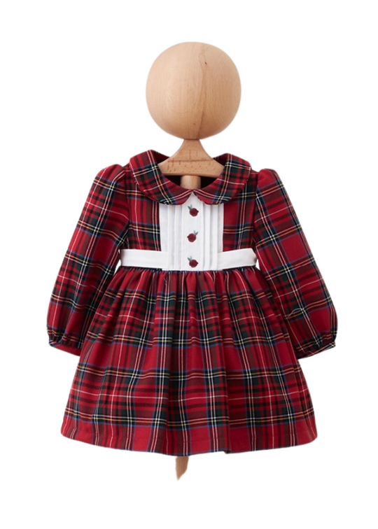 Rochie cu Maneca Lunga Rosie Ecosez cu Insertie Alba pe Bust cu Flori Brodate 5452 MyMio