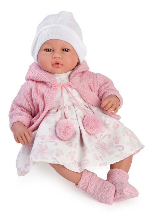 Лялька Bea 46 см зі звуковим механізмом, біла сукня, рожевий квітковий принт і рожеве болеро 890 Guca